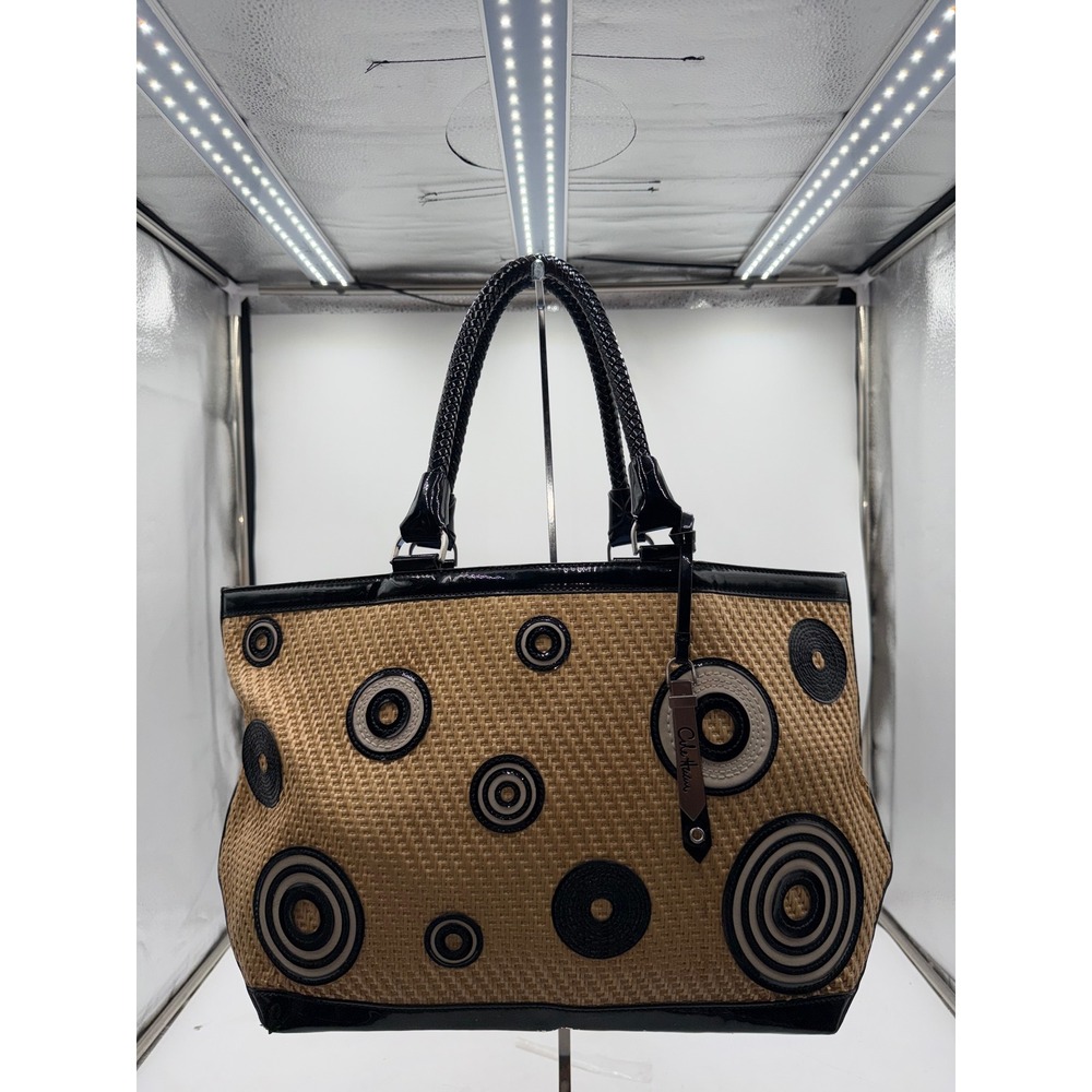 Cole Haan Straw Tote Bag Patent Leather Trim Circle Applique Tan Black